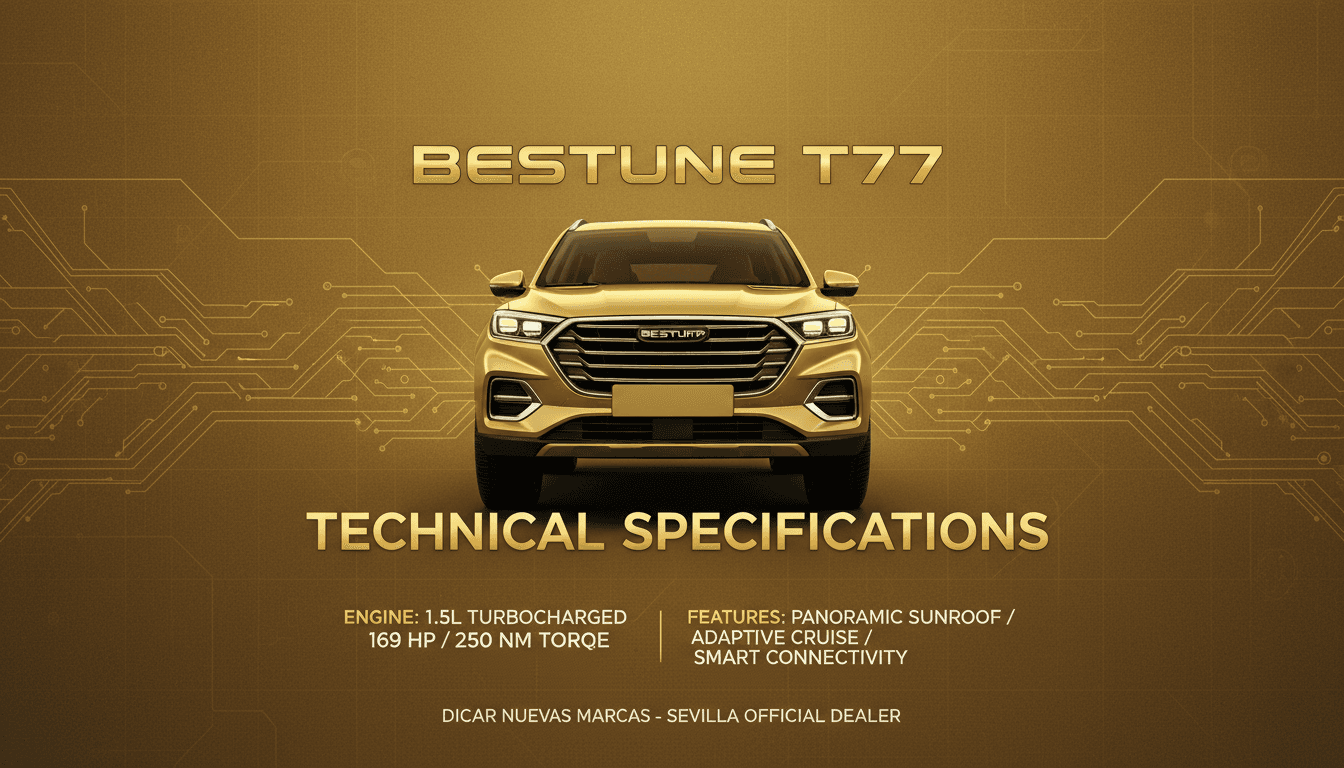 Portada de ficha técnica del Bestune T77 con especificaciones y datos de motor en fondo dorado